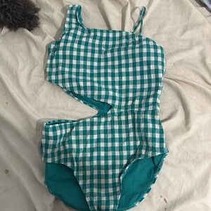 green white plaid size L(10-12) girls bathing suit